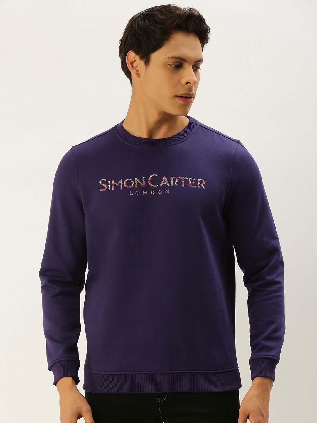

SIMON CARTER LONDON Men Purple Solid Sweatshirt with Embroidered Detail