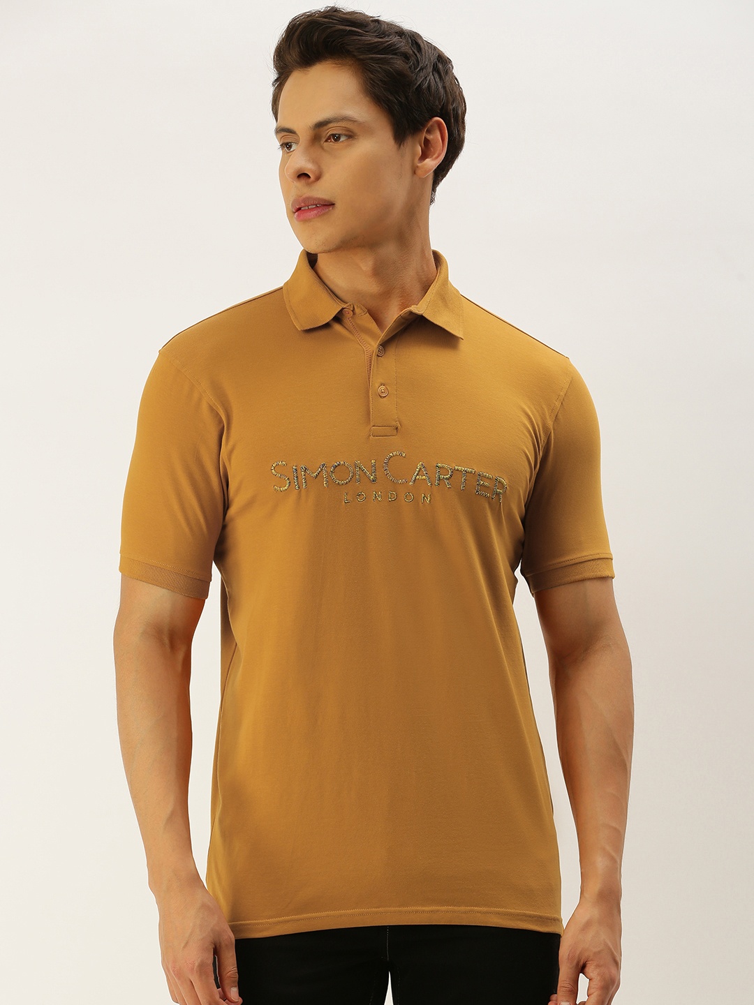 

SIMON CARTER LONDON Men Mustard Yellow Brand Logo Embroidered Polo Collar T-shirt