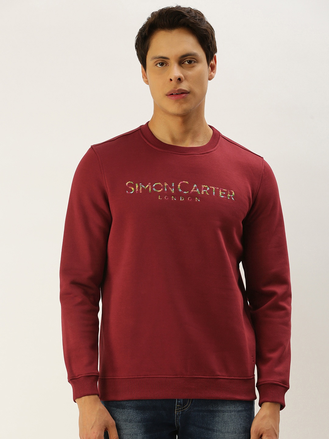 

SIMON CARTER LONDON Men Maroon Solid Sweatshirt with Embroidered Detail