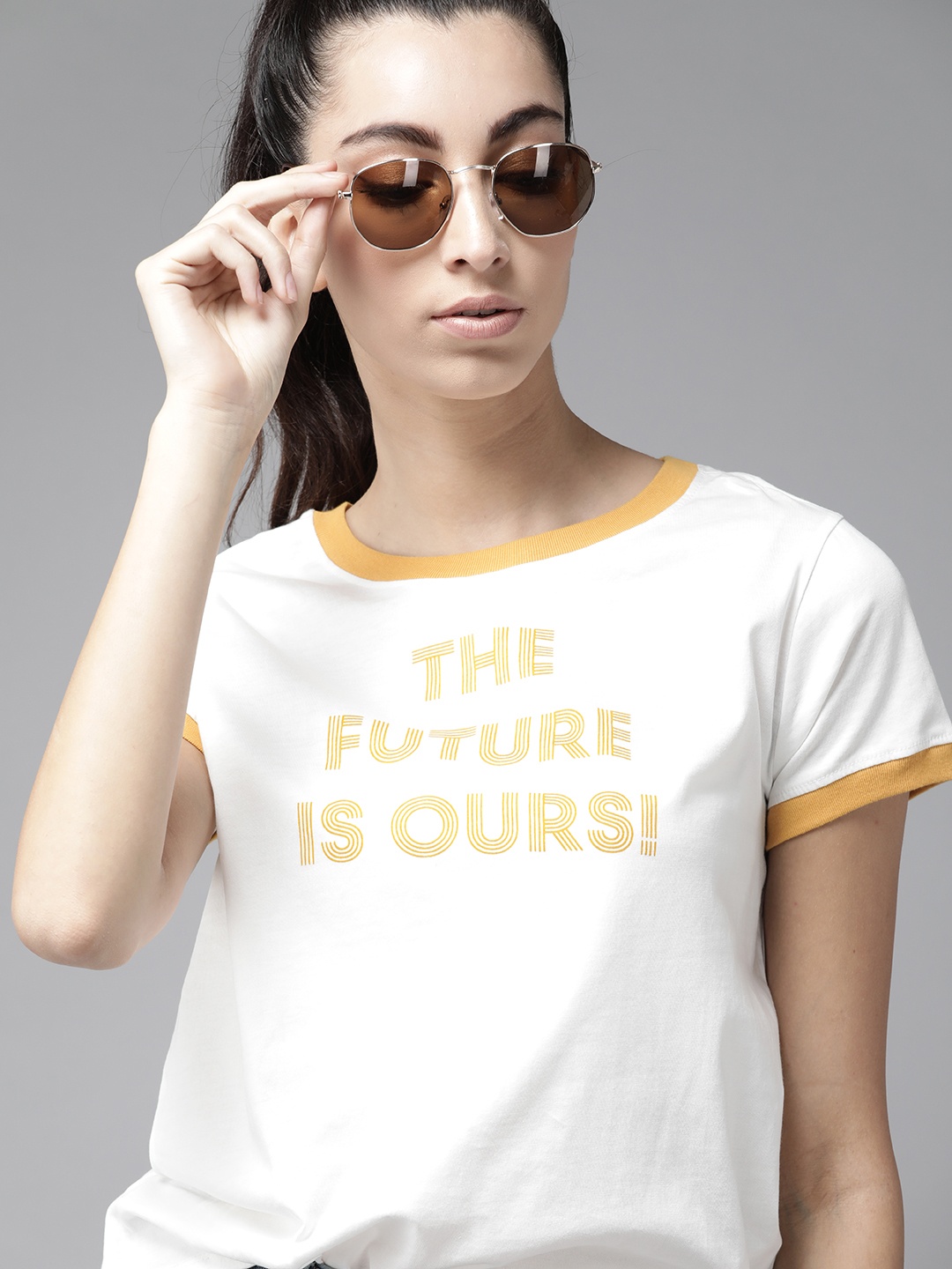 

The Roadster Lifestyle Co Women White & Mustard Yellow Printed Pure Cotton Round Neck T-shirt