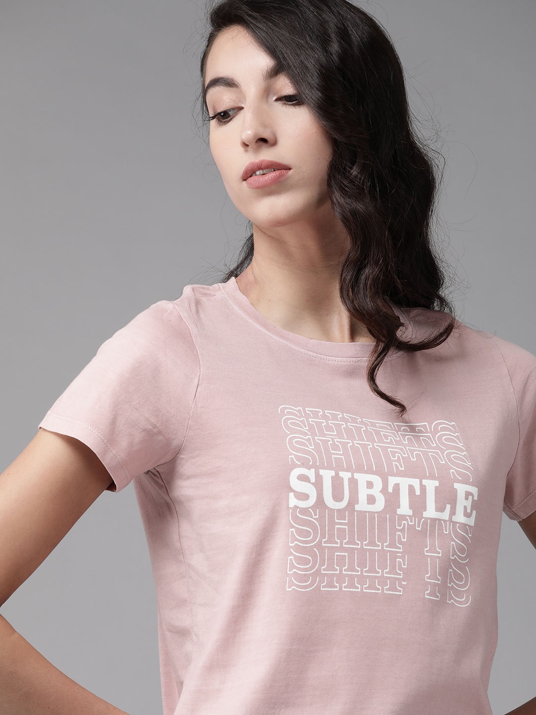 

The Roadster Lifestyle Co Women Dusty Pink White Printed Round Neck Pure Cotton T-shirt