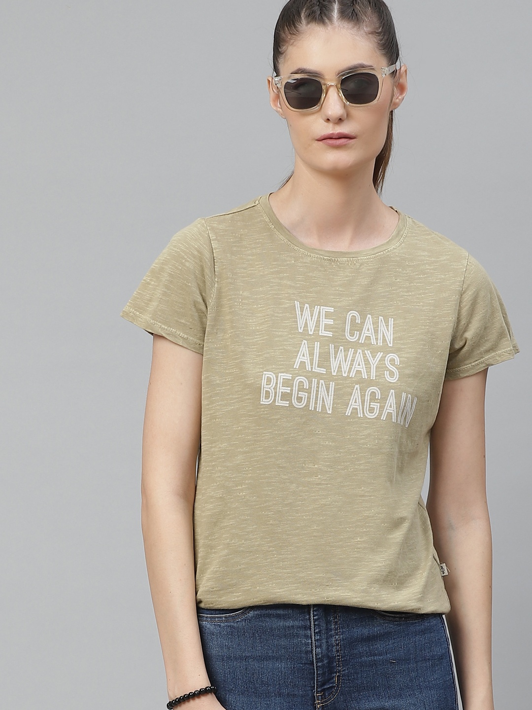 

The Roadster Lifestyle Co Women Beige White Printed Round Neck Pure Cotton T-shirt