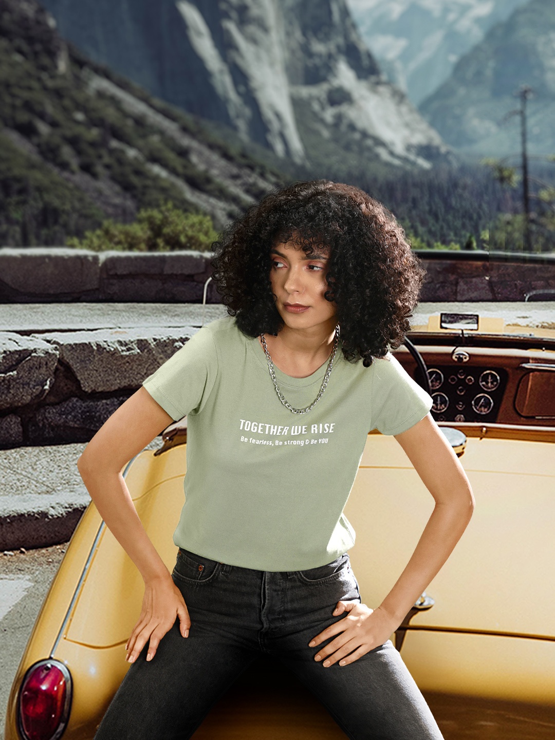 

The Roadster Lifestyle Co Women Green Printed Cotton Round Neck T-shirt