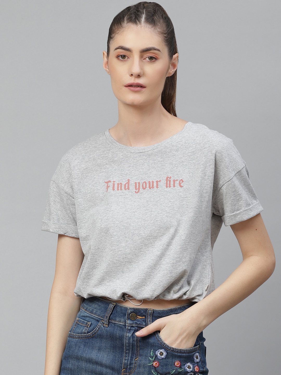 

The Roadster Lifestyle Co Grey Melange & Pink Printed Pure Cotton Blouson Crop Top