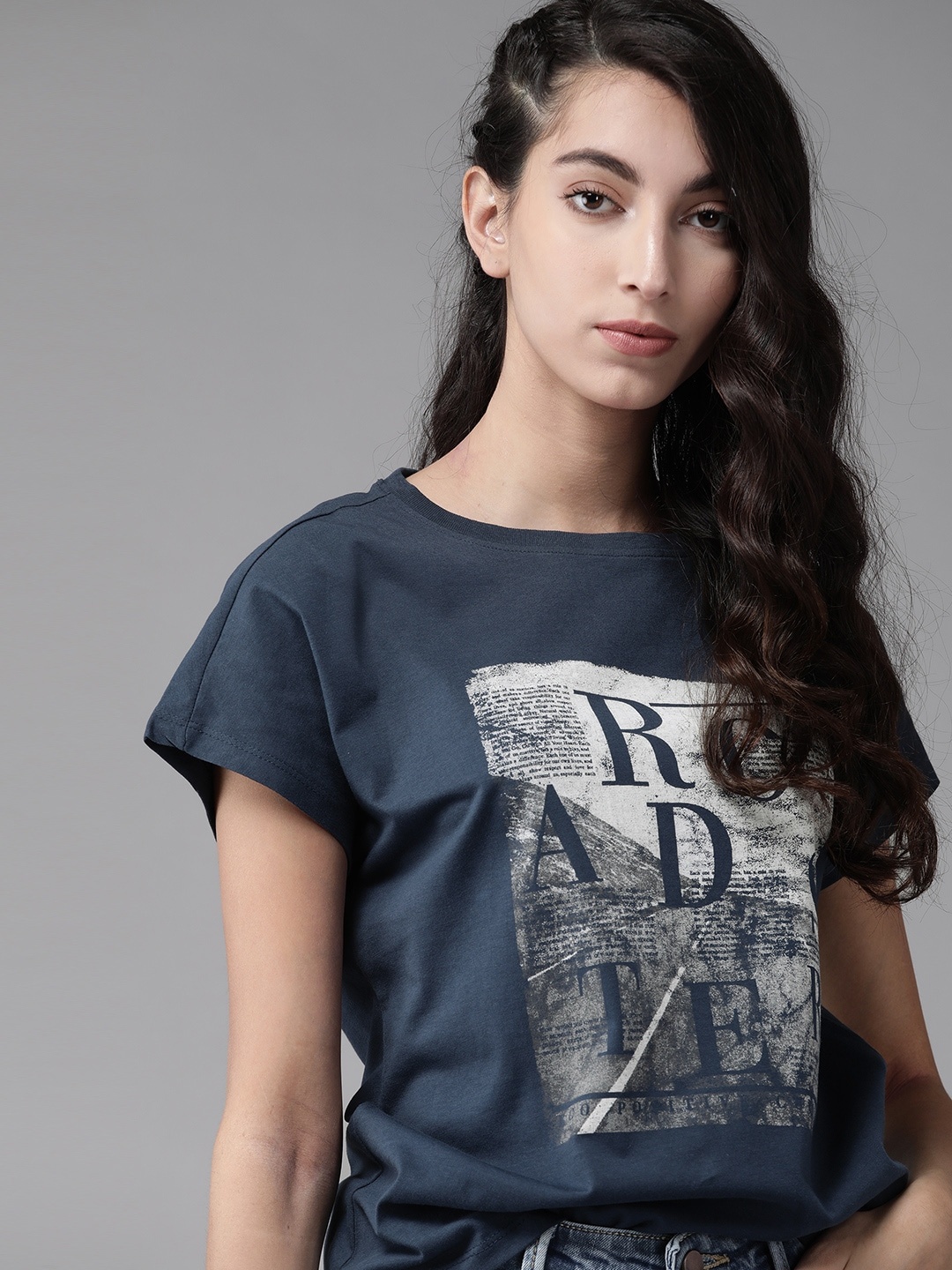 

Roadster Women Navy Blue Grey Printed Round Neck Pure Cotton T-shirt