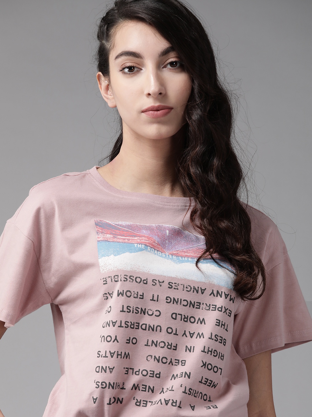 

The Roadster Lifestyle Co Women Dusty Pink Black Printed Round Neck Pure Cotton T-shirt