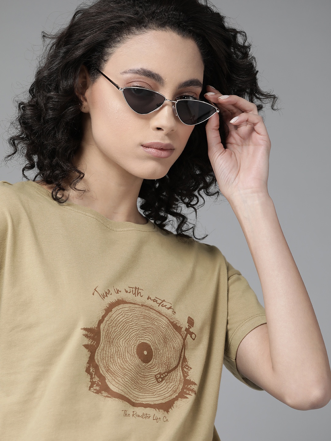 

The Roadster Lifestyle Co Women Khaki Pure Cotton Printed Round Neck T-shirt