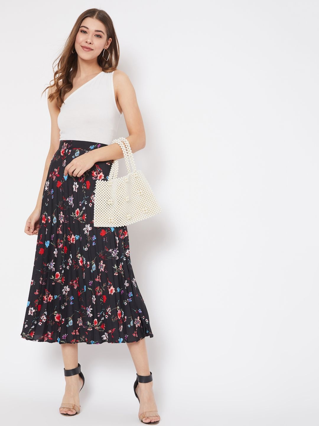 

Uptownie Lite Women Floral Printed Accordion Pleated Flared Midi Skirt, Black