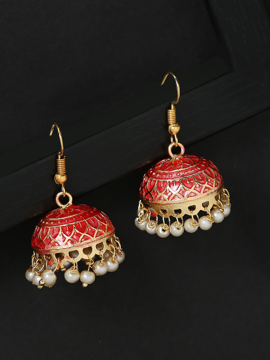 

OOMPH Red Gold-Plated Meenakari Dome Shaped Jhumkas