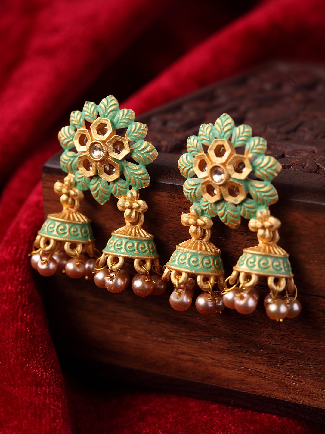 

PANASH Gold-Plated & Sea Green Floral Jhumkas