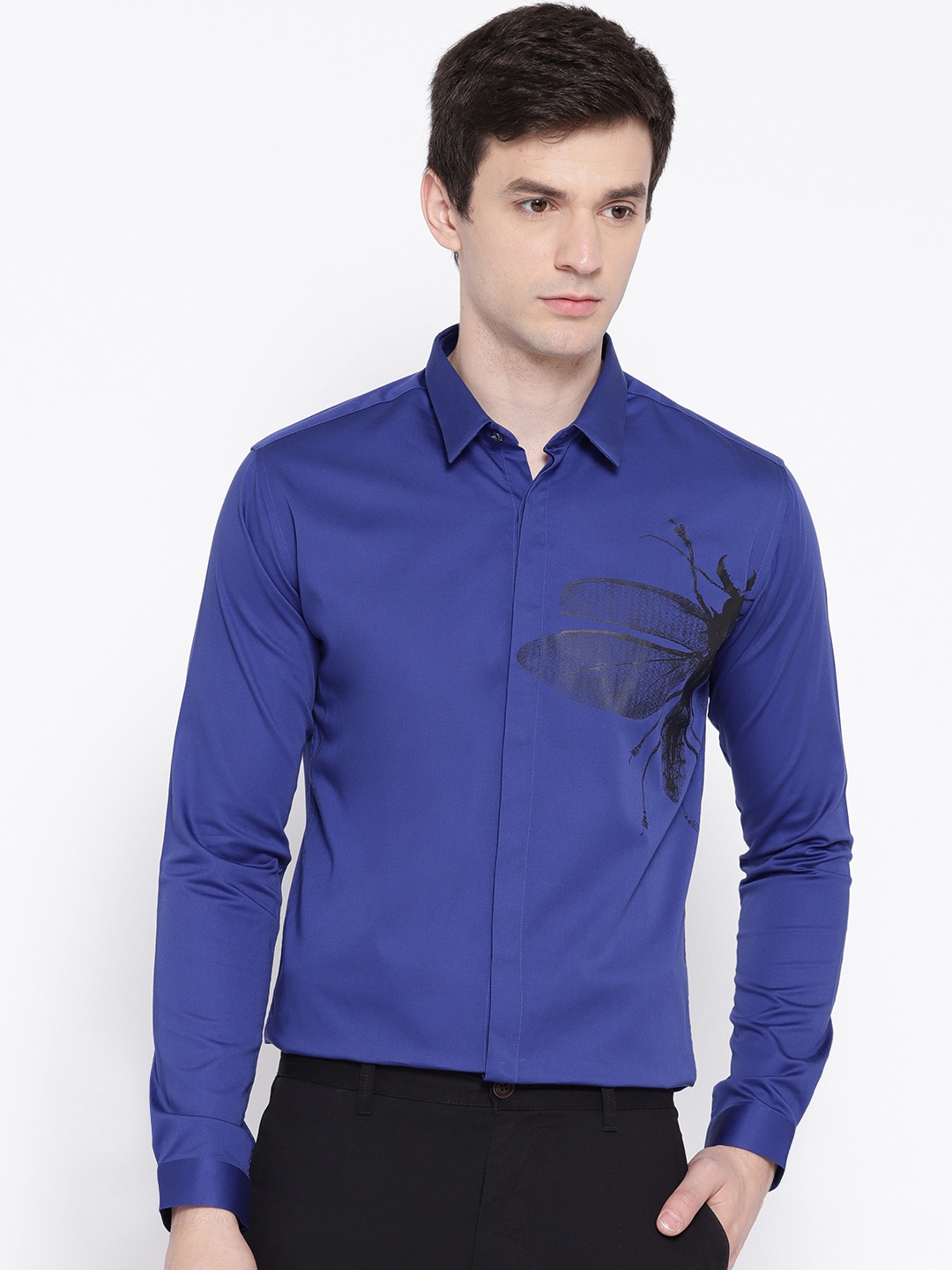 

Wills Lifestyle Blue Printed Skinny Fit Party Shirt
