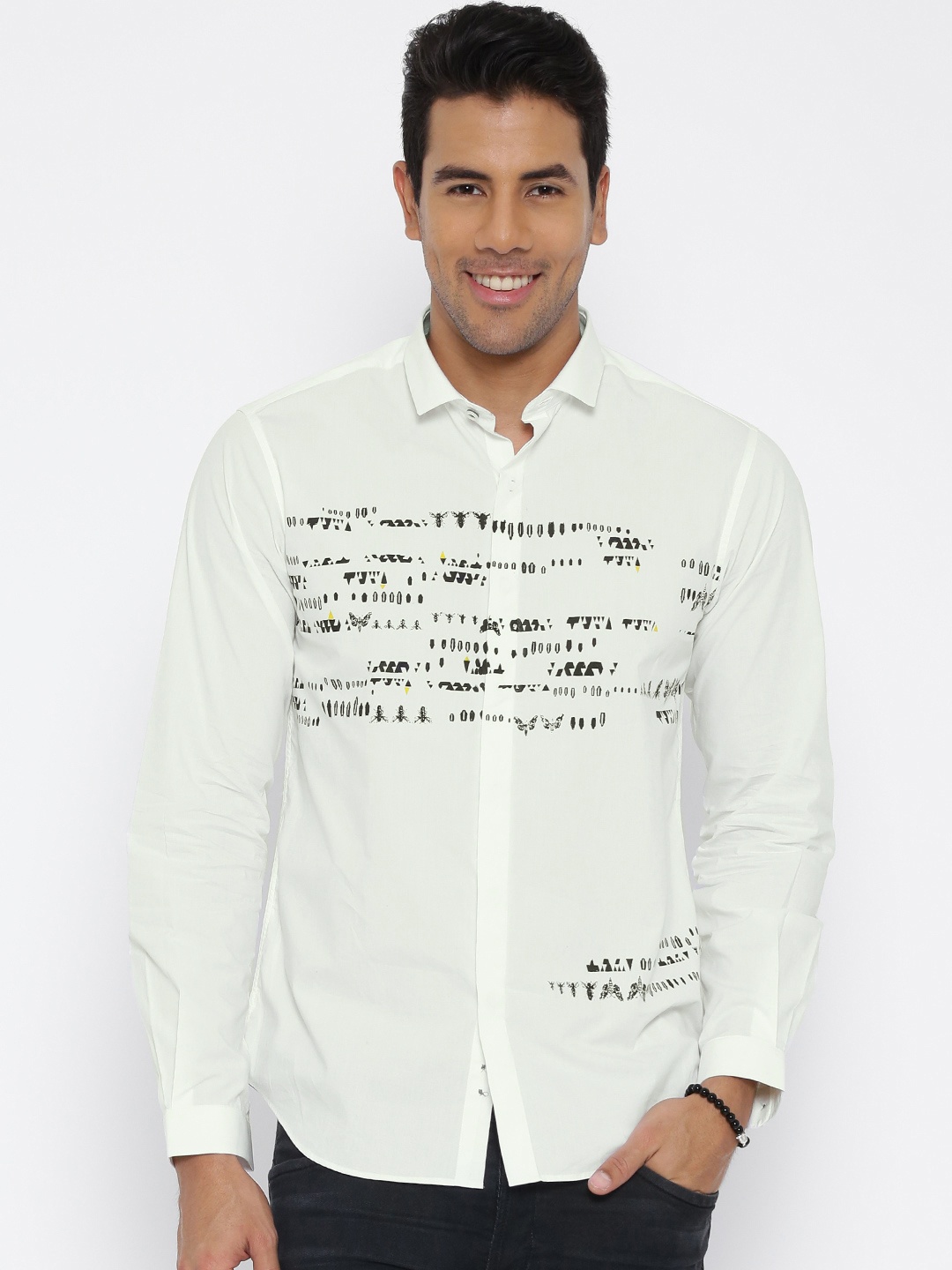 

Wills Lifestyle White Printed Slim Casual Shirt