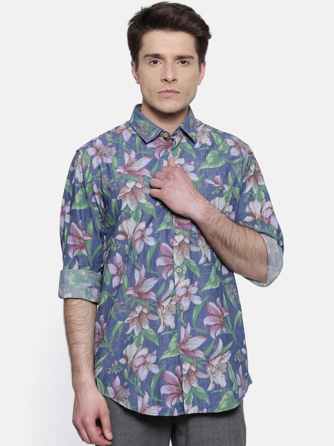 

Wills Lifestyle Men Blue & Pink Slim Fit Printed Casual Shirt