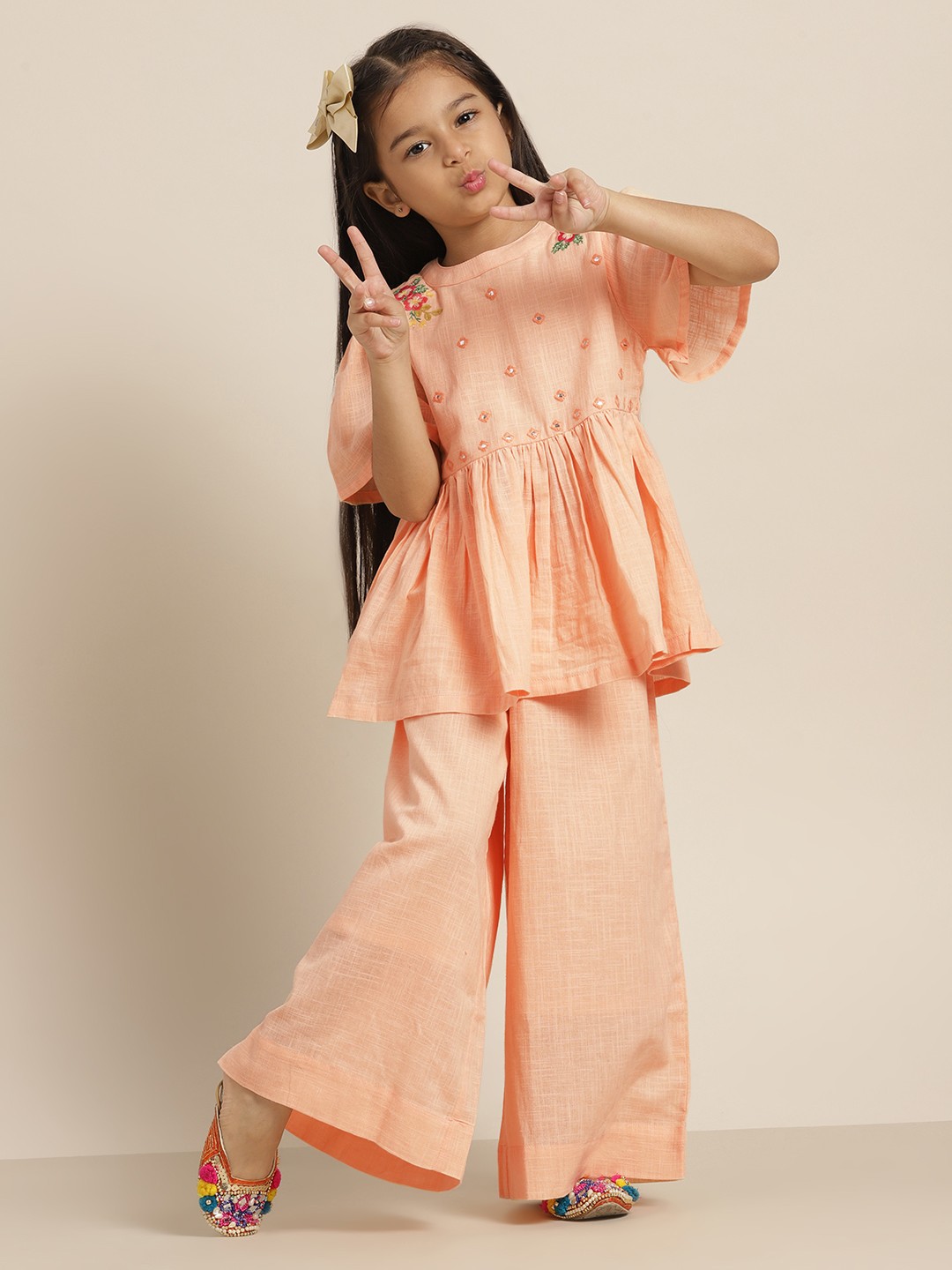 

Sangria Girls Peach-Coloured Pure Cotton Mirror Work Detail Top with Solid Palazzos