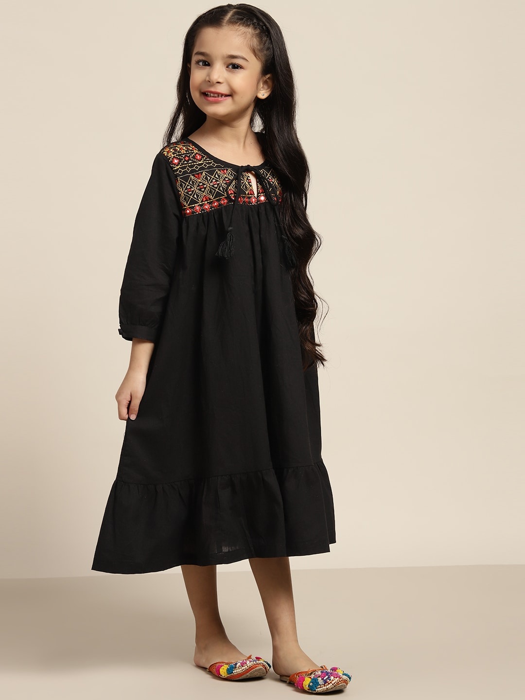 Sangria Girls Embroidered Yoke Design Mirror Work Pure Cotton A Line Dress, Black