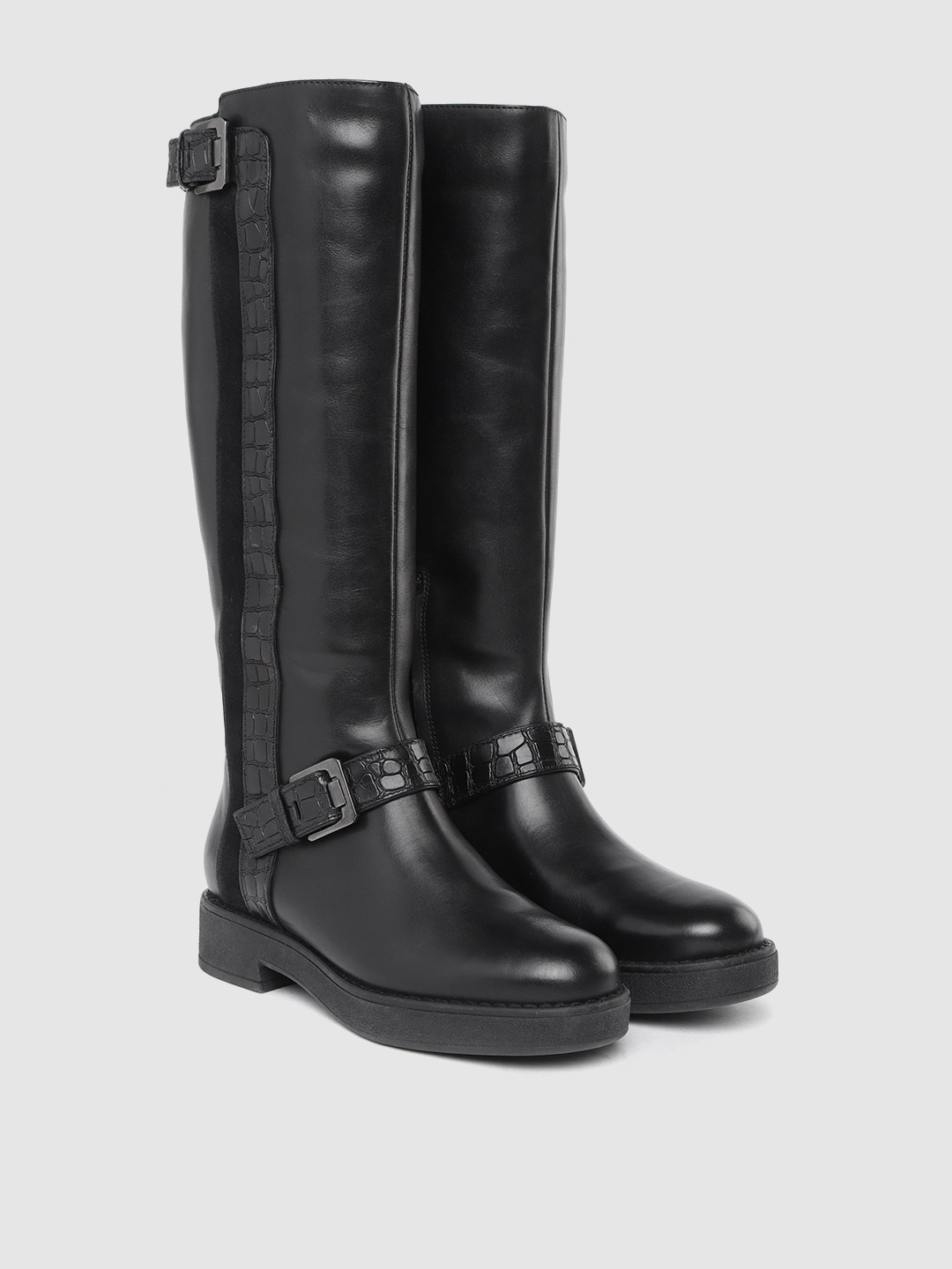 

Geox Women Black Solid Leather High-Top Flat Boots with Croc Textured Detail