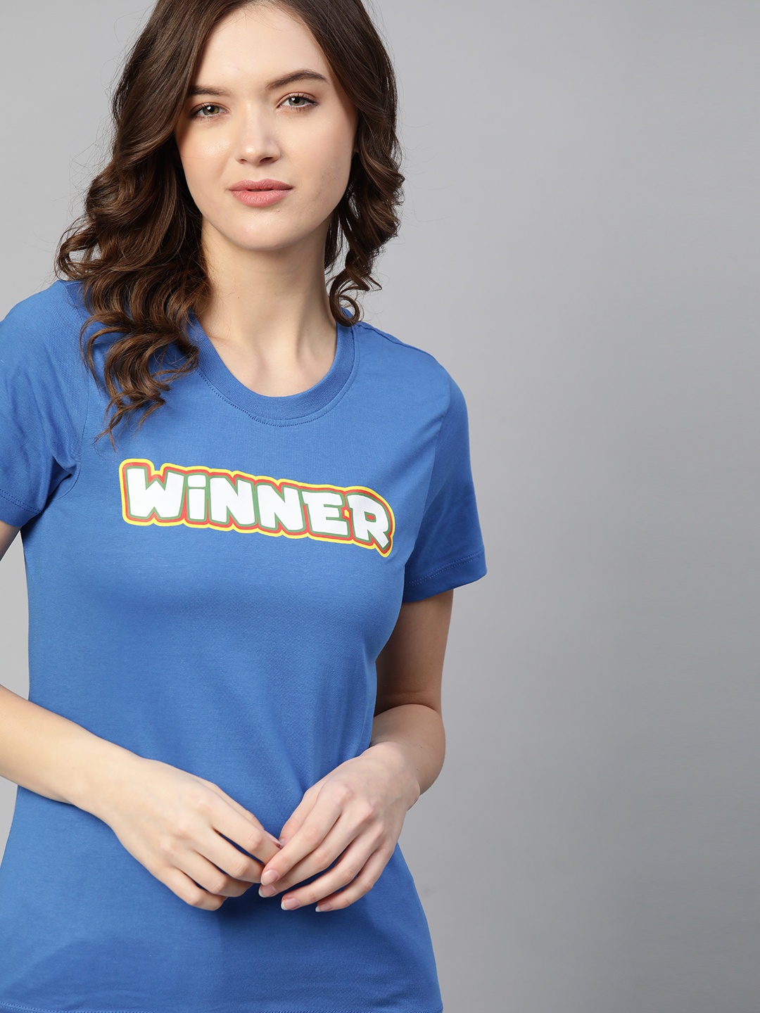 

Kook N Keech Women Blue & Grey Pure Cotton Typography Print T-shirt