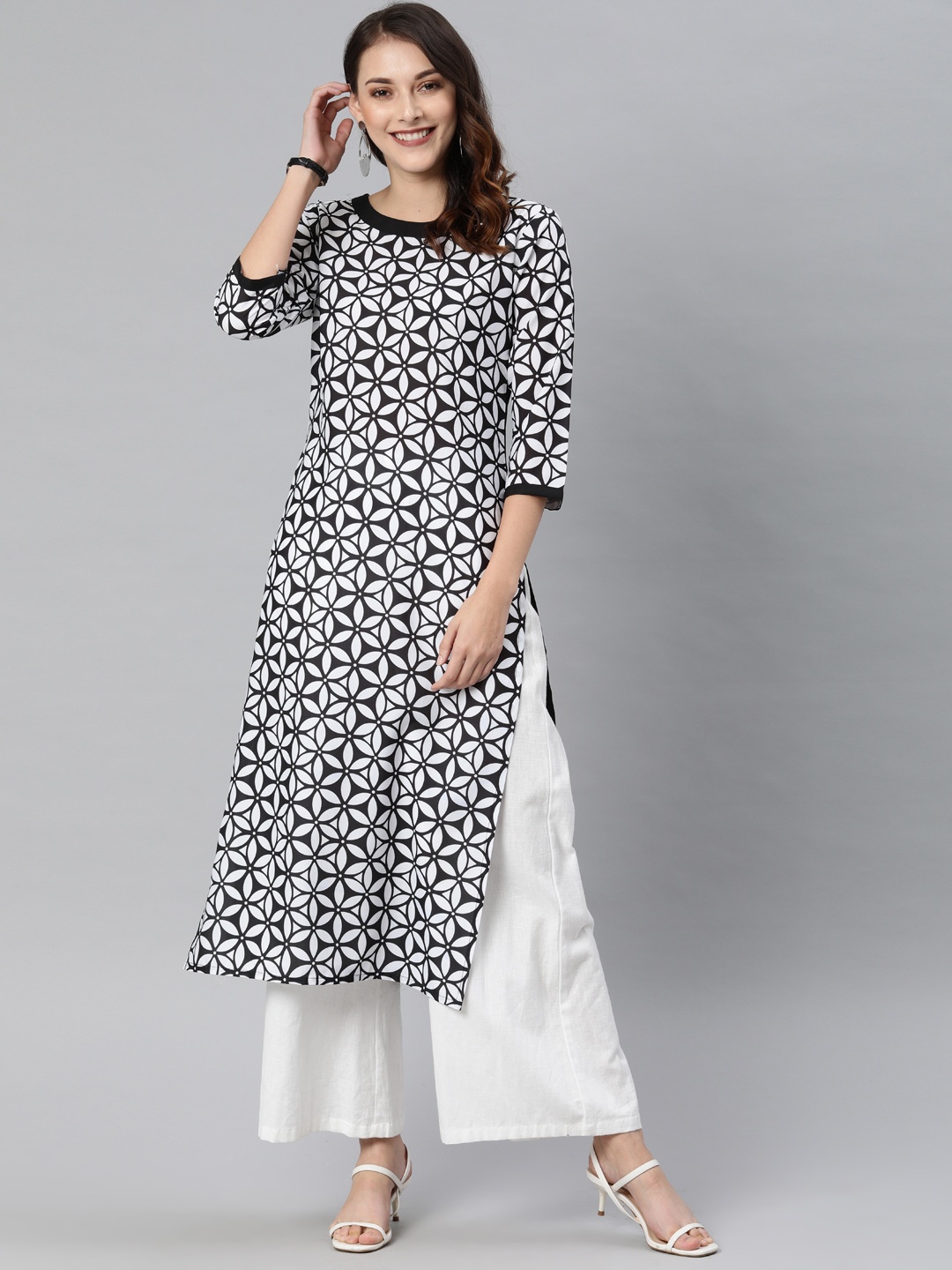 

KALINI Women White & Black Printed Straight Kurta