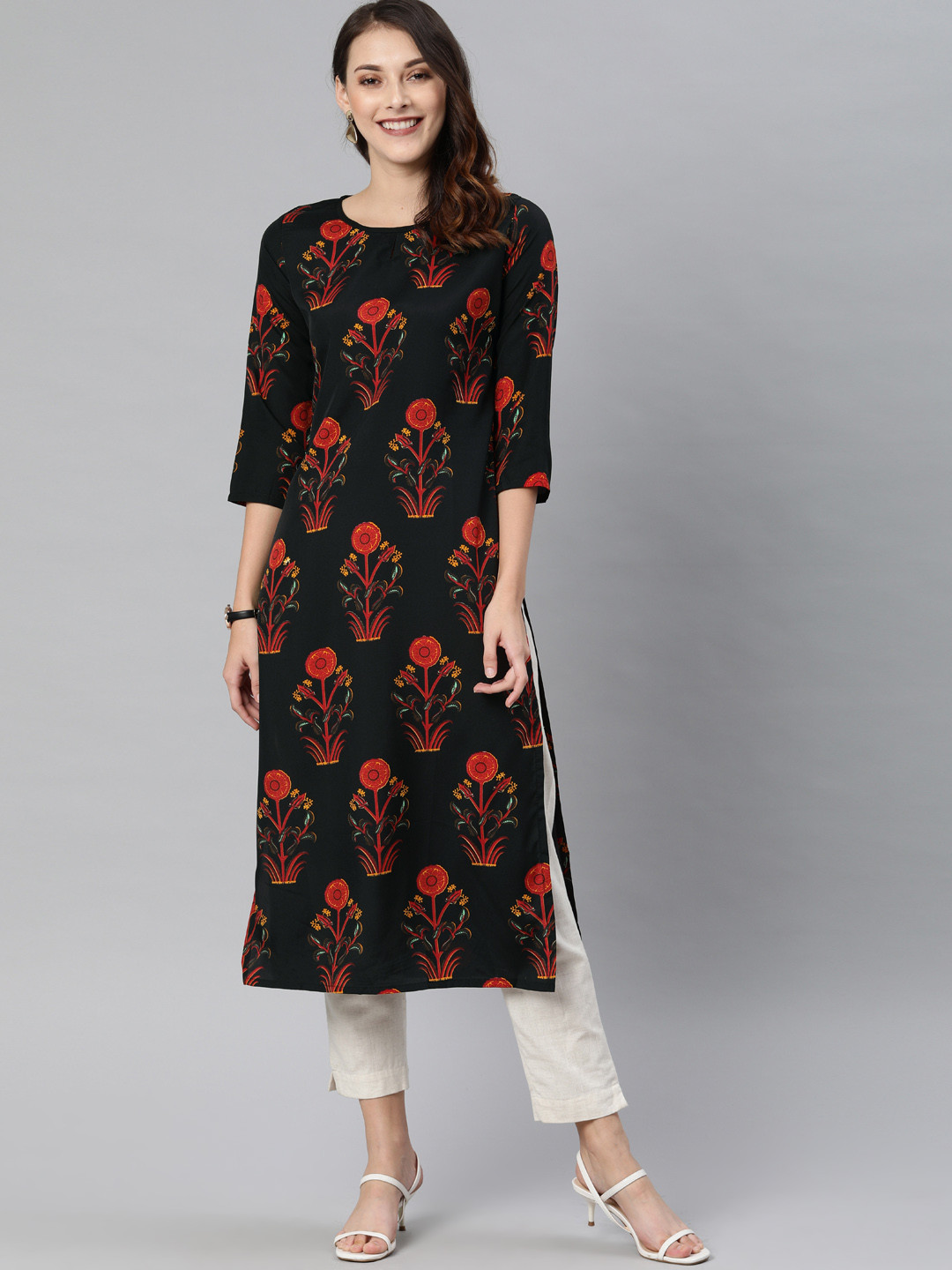 

KALINI Women Black & Red Printed Straight Kurta