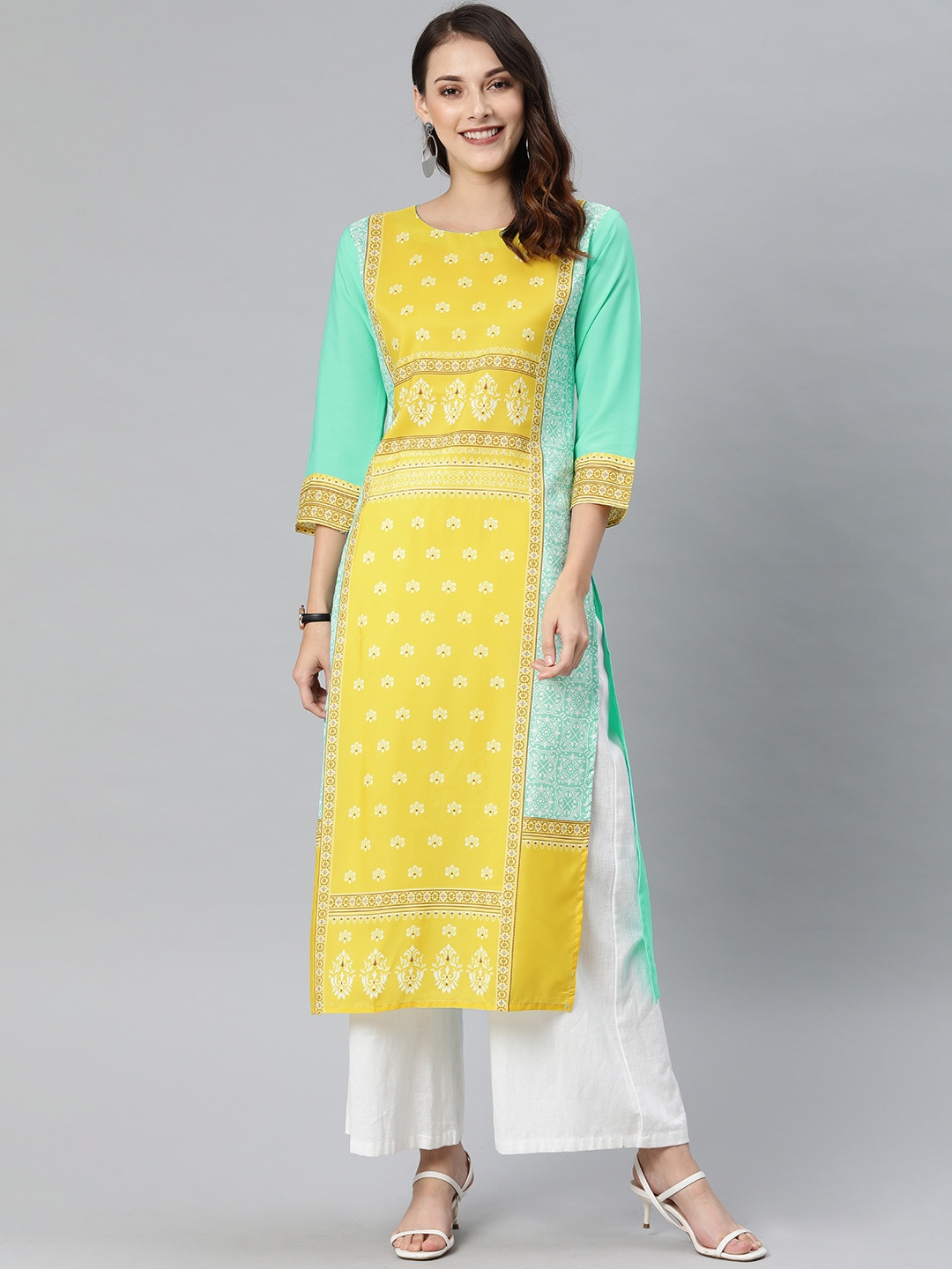 

KALINI Women Yellow & White Floral Printed Straight Kurta