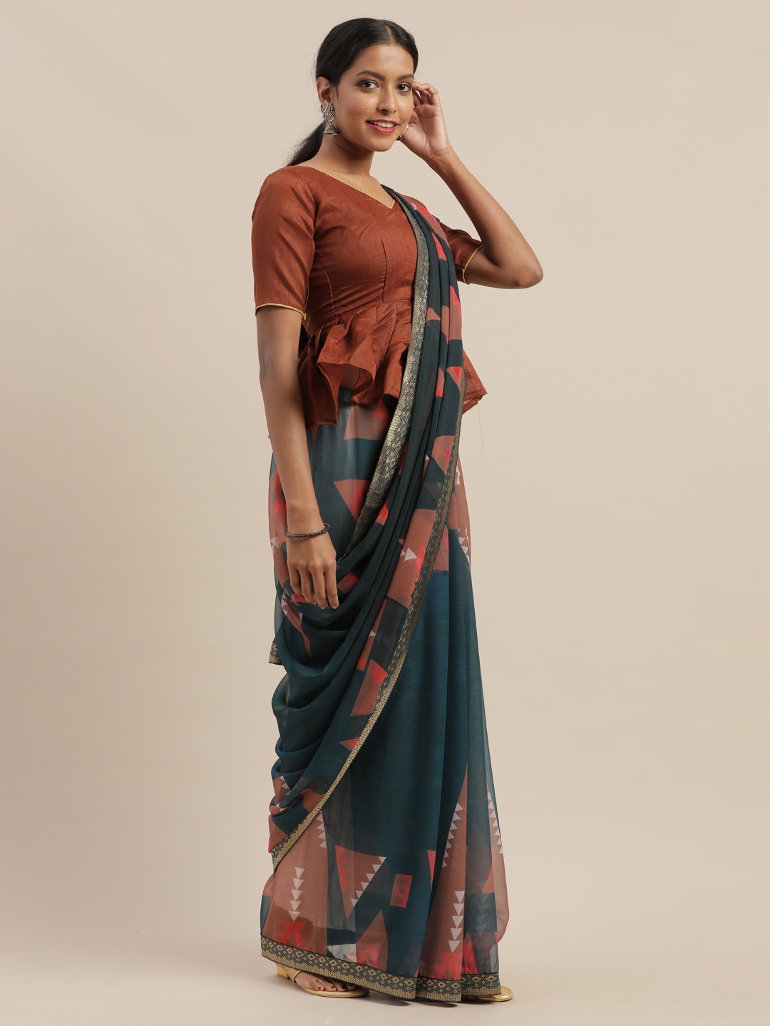 

SHAVYA Olive Green & Maroon Pure Georgette Printed Saree