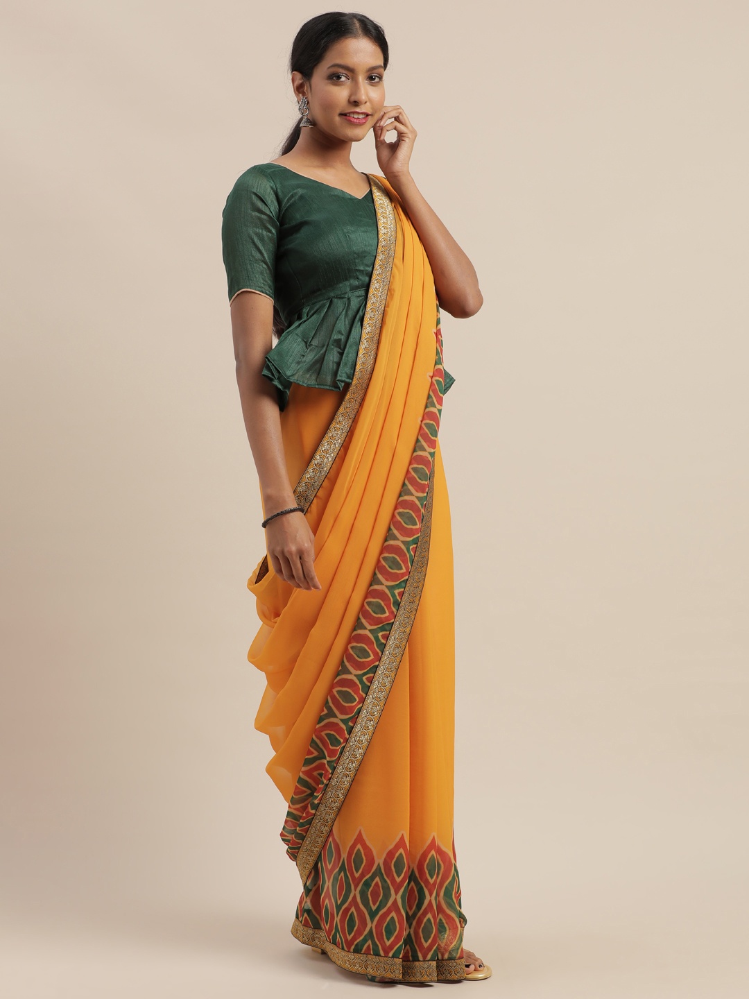 

SHAVYA Mustard & Green Pure Georgette Printed Saree