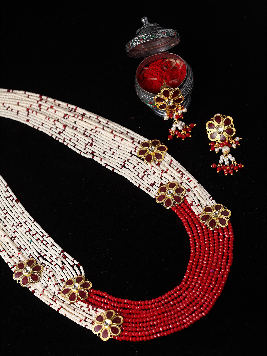 

PANASH Gold-Plated Red & White Pearl Beaded Jewellery Set