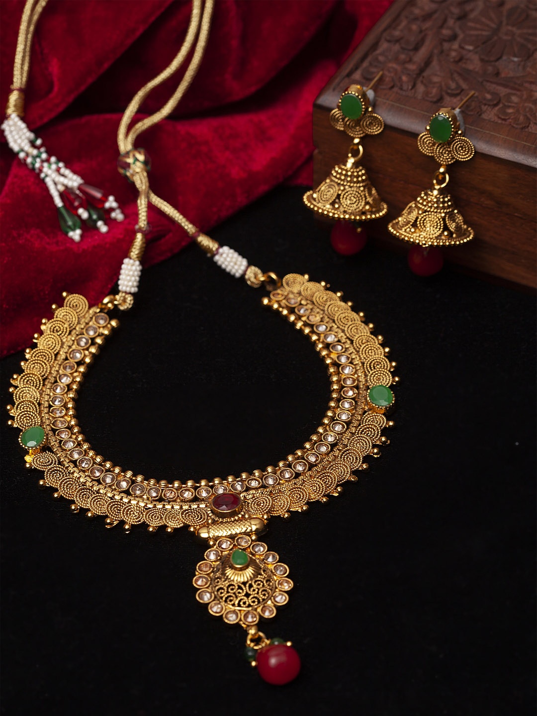 

PANASH Gold-Plated Red & Green Stone-Studded Handcrafted Jewellery Set