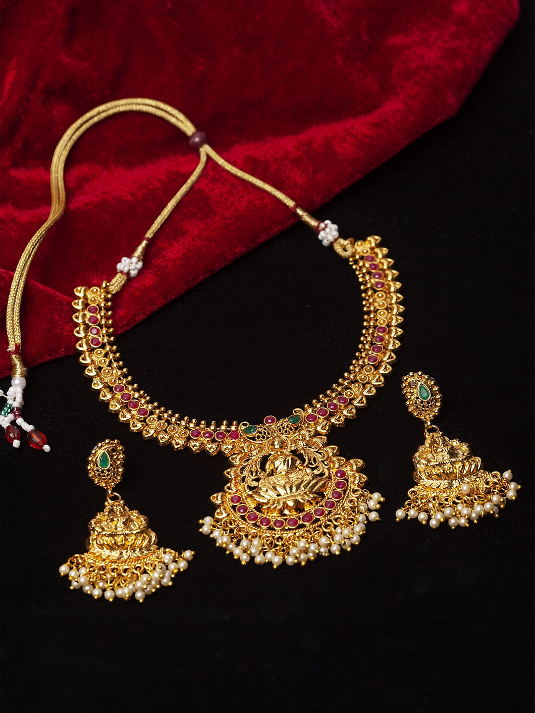 

PANASH Gold-Plated Stone Studded & Beaded Traditional Temple Necklace With Earrings