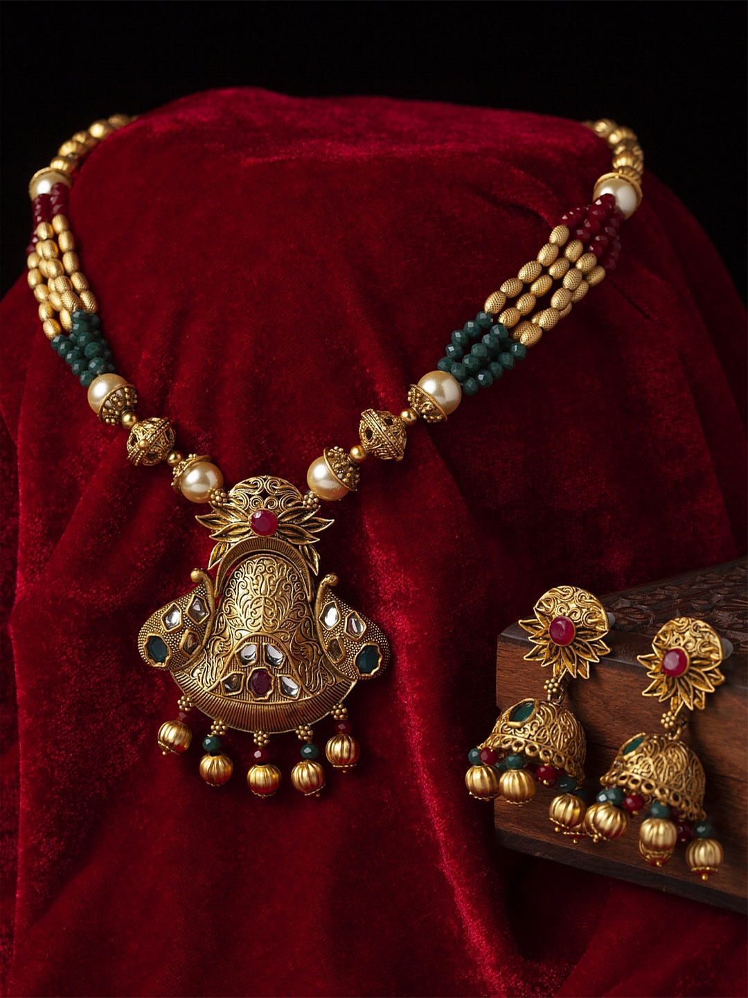 

PANASH Gold-Plated Red & Green Stone-Studded Beaded Antique Jewellery Set