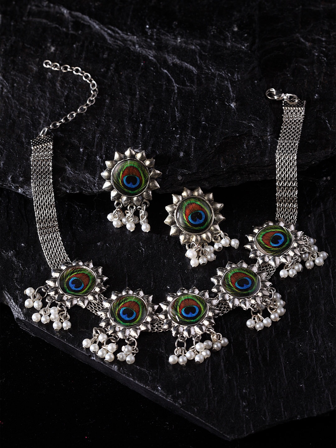

PANASH Oxidized Silver-Plated Green & White Pearl Beaded Peacock Meenakari Jewellery Set