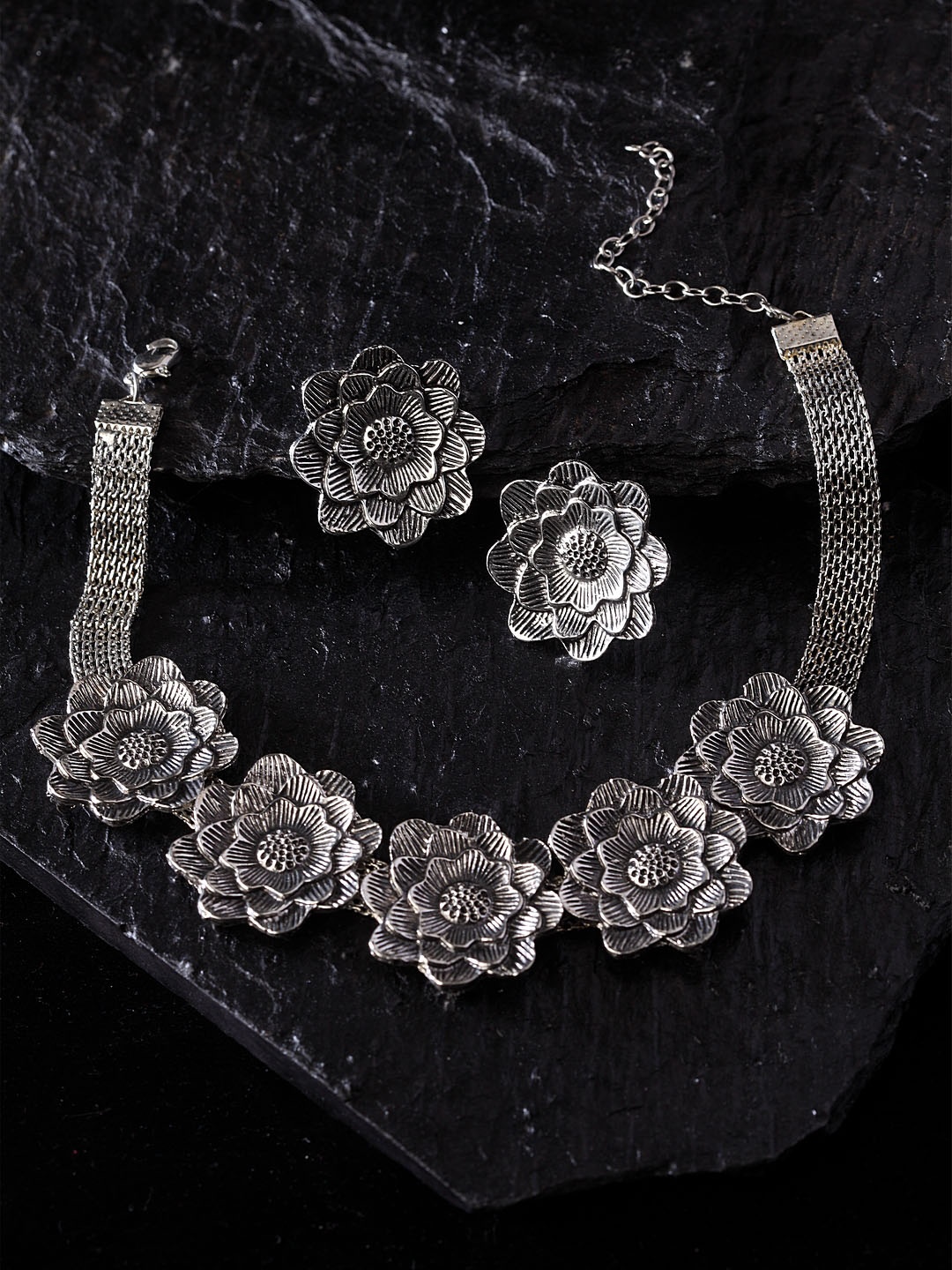 

PANASH Oxidised Silver-Plated Floral Handcrafted Jewellery Set