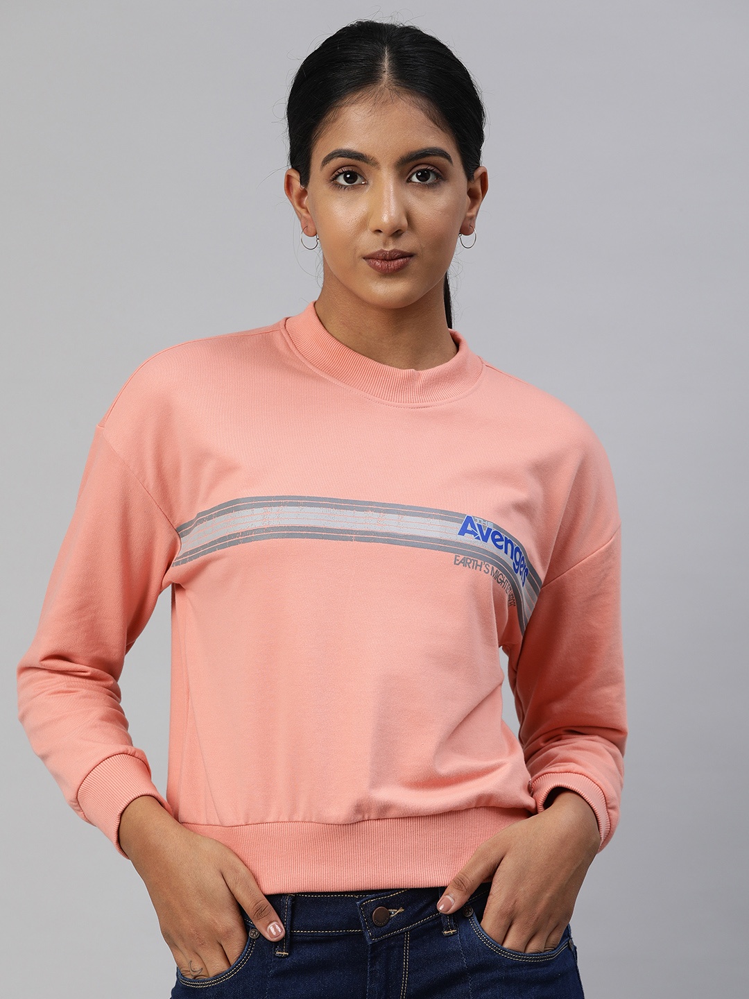 

Van Heusen Woman Peach-Coloured Avengers Brand Logo Printed Pure Cotton Sweatshirt