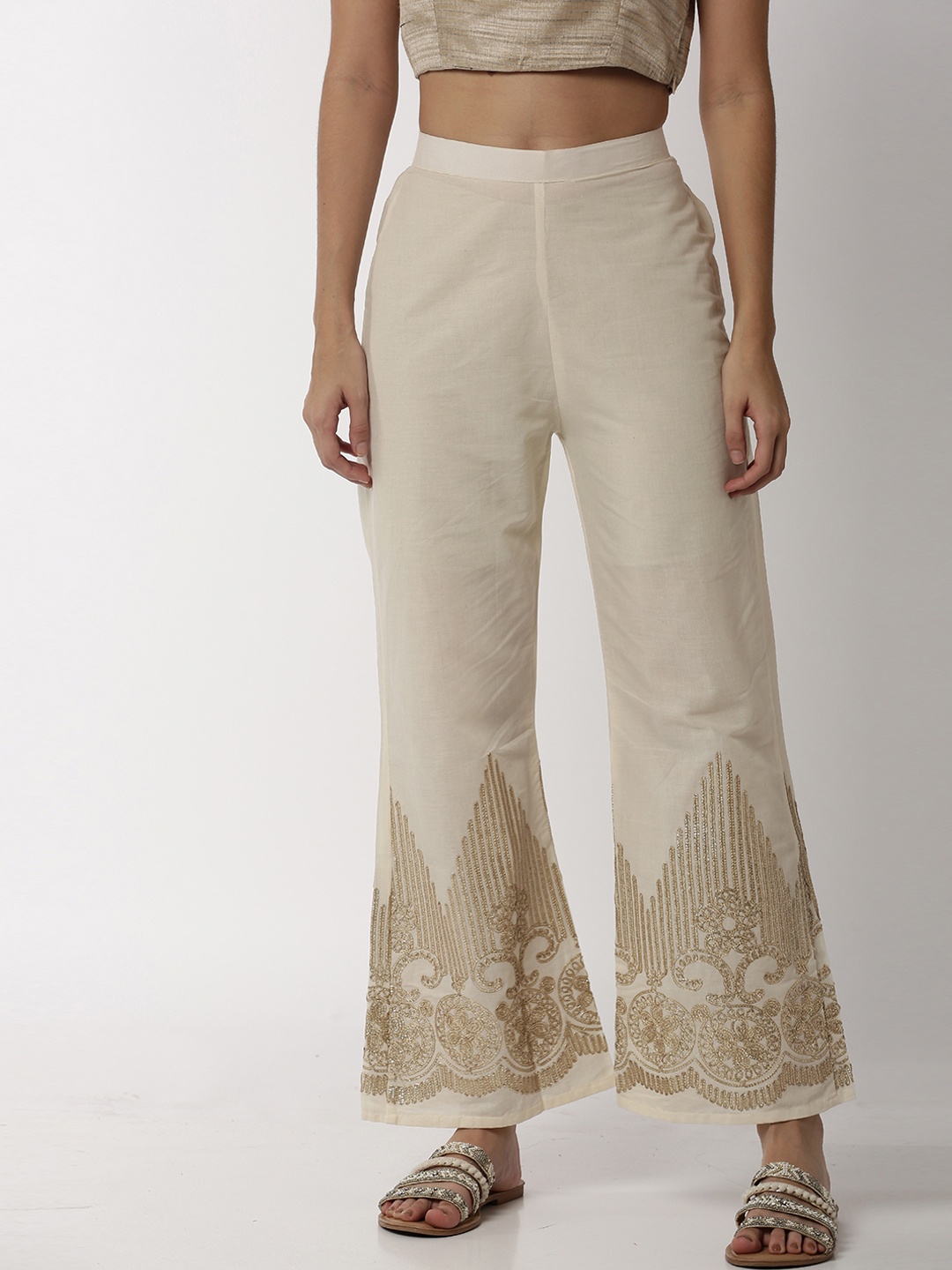 

Soch Women Off-White & Gold-Coloured Embroidered Straight Palazzo