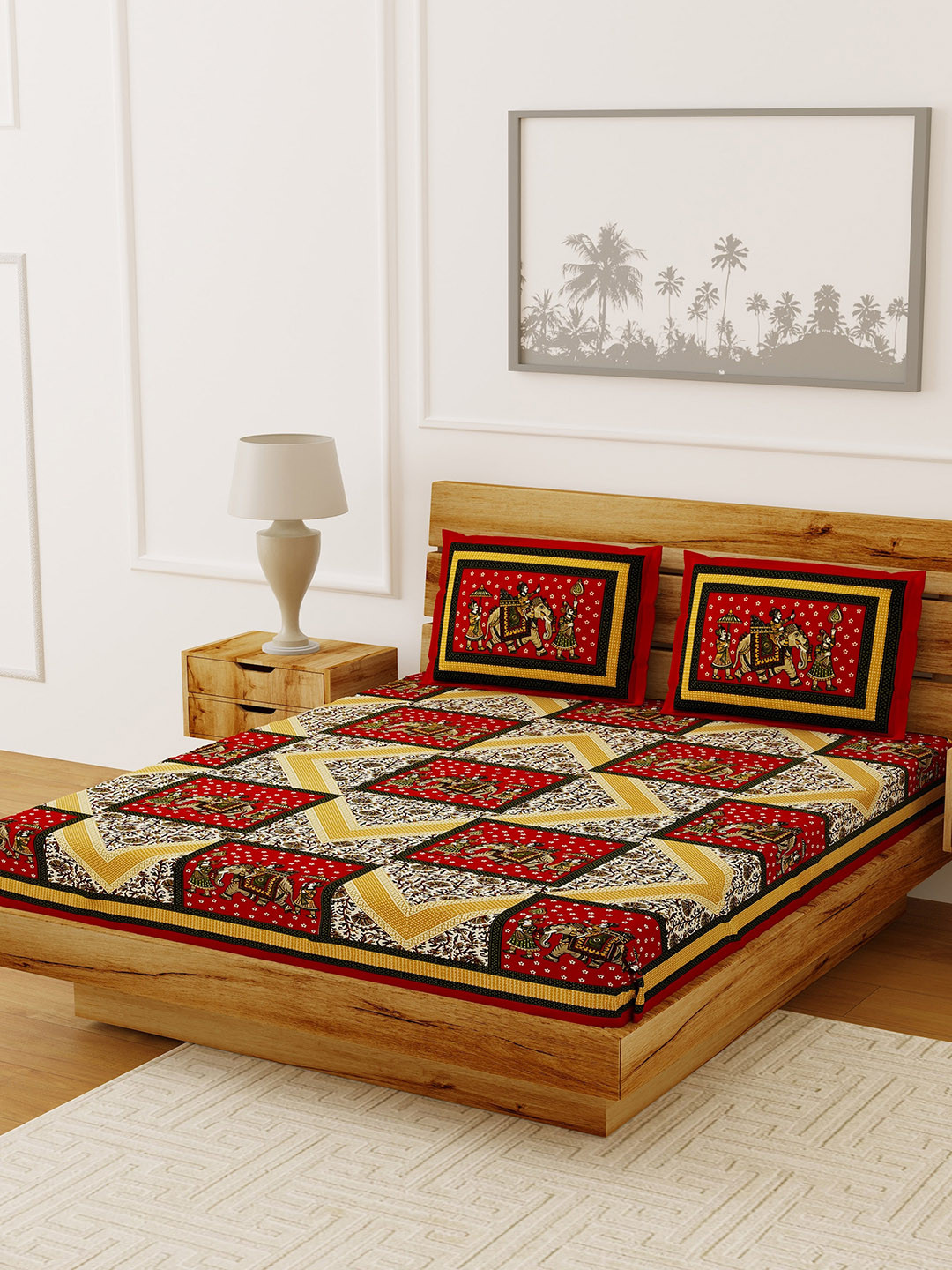 

LIVING ROOTS Red & Yellow Ethnic Motifs Printed 120 TC Cotton Double Queen Bedsheet With 2 Pillow Covers