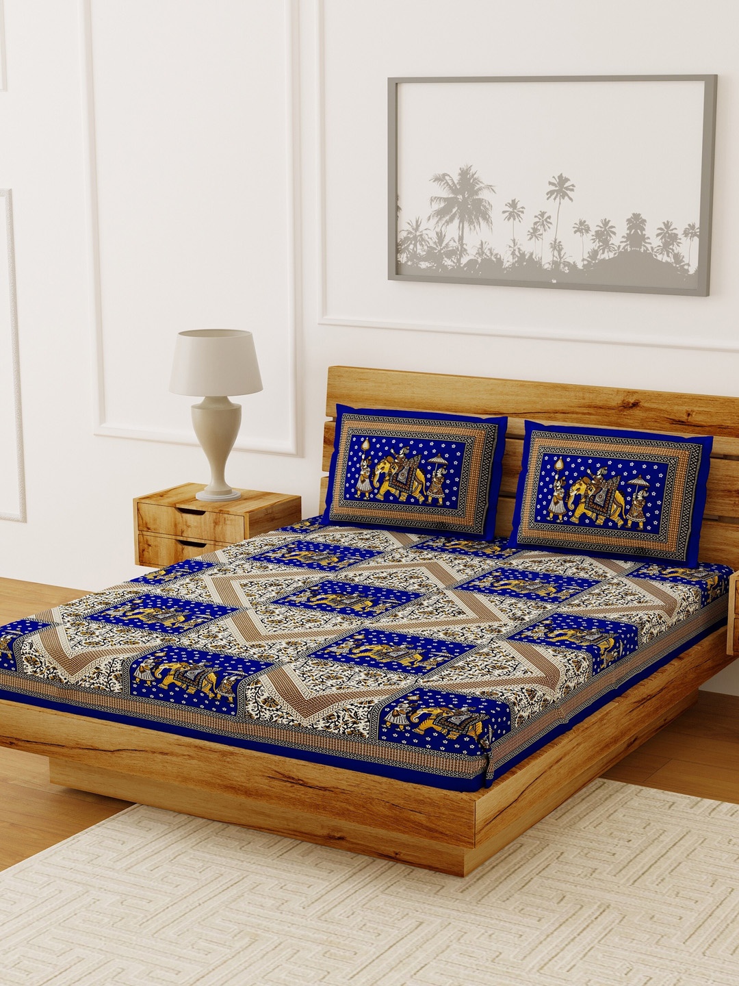 

LIVING ROOTS Blue & Beige Ethnic Motifs Printed 120 TC 1 Double Queen Bedsheet with 2 Pillow Covers