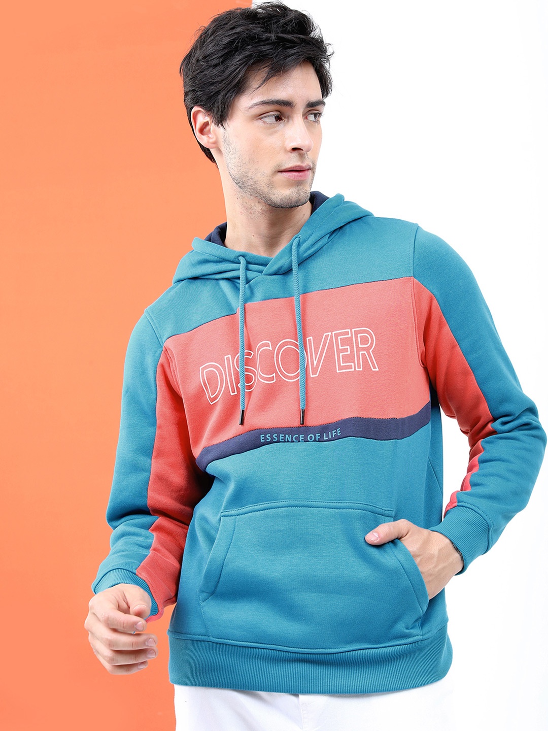 

HIGHLANDER Men Teal & Orange Colourblocked Hooded Sweatshirt