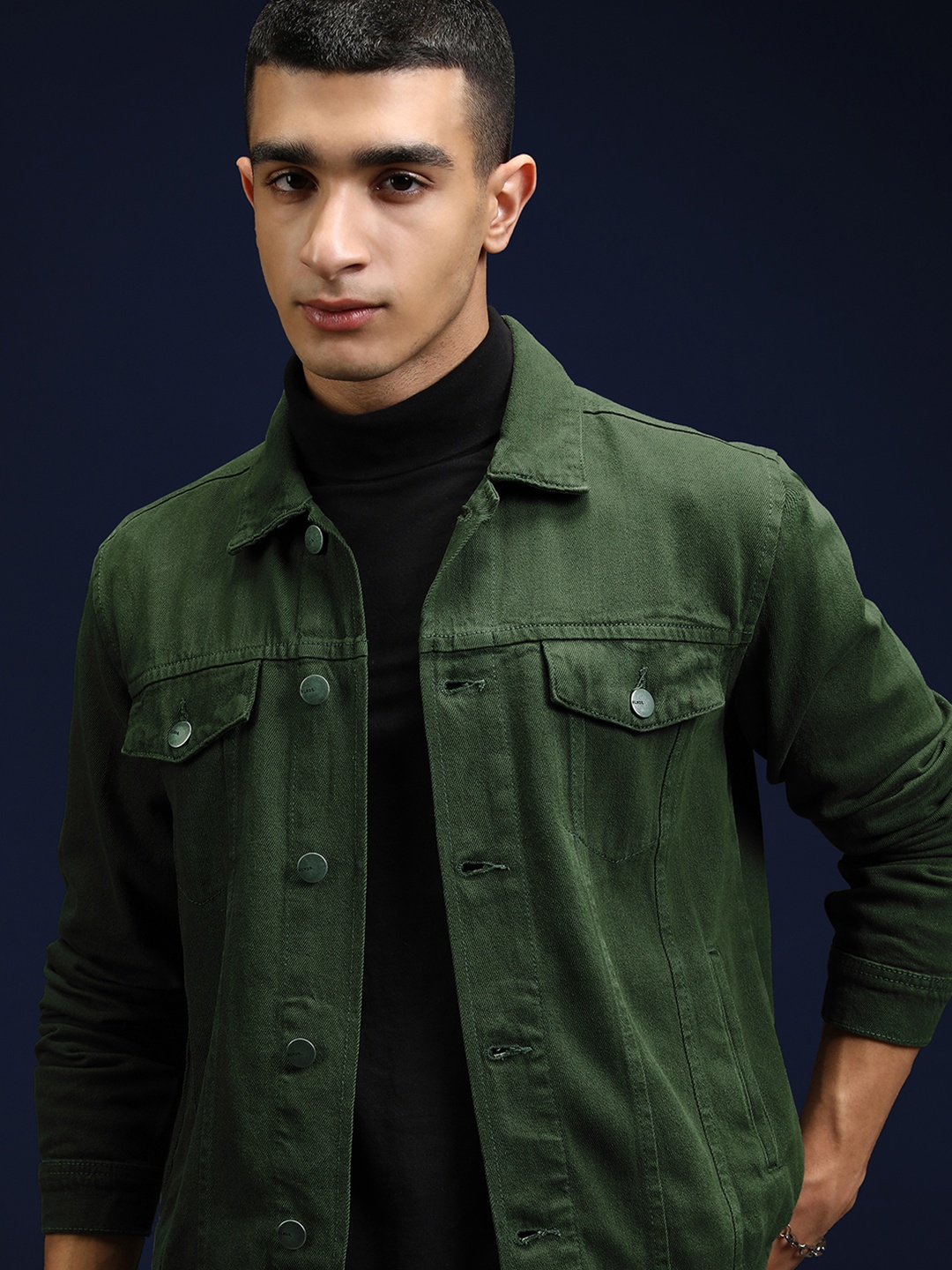 

HIGHLANDER Men Green Solid Denim Jacket