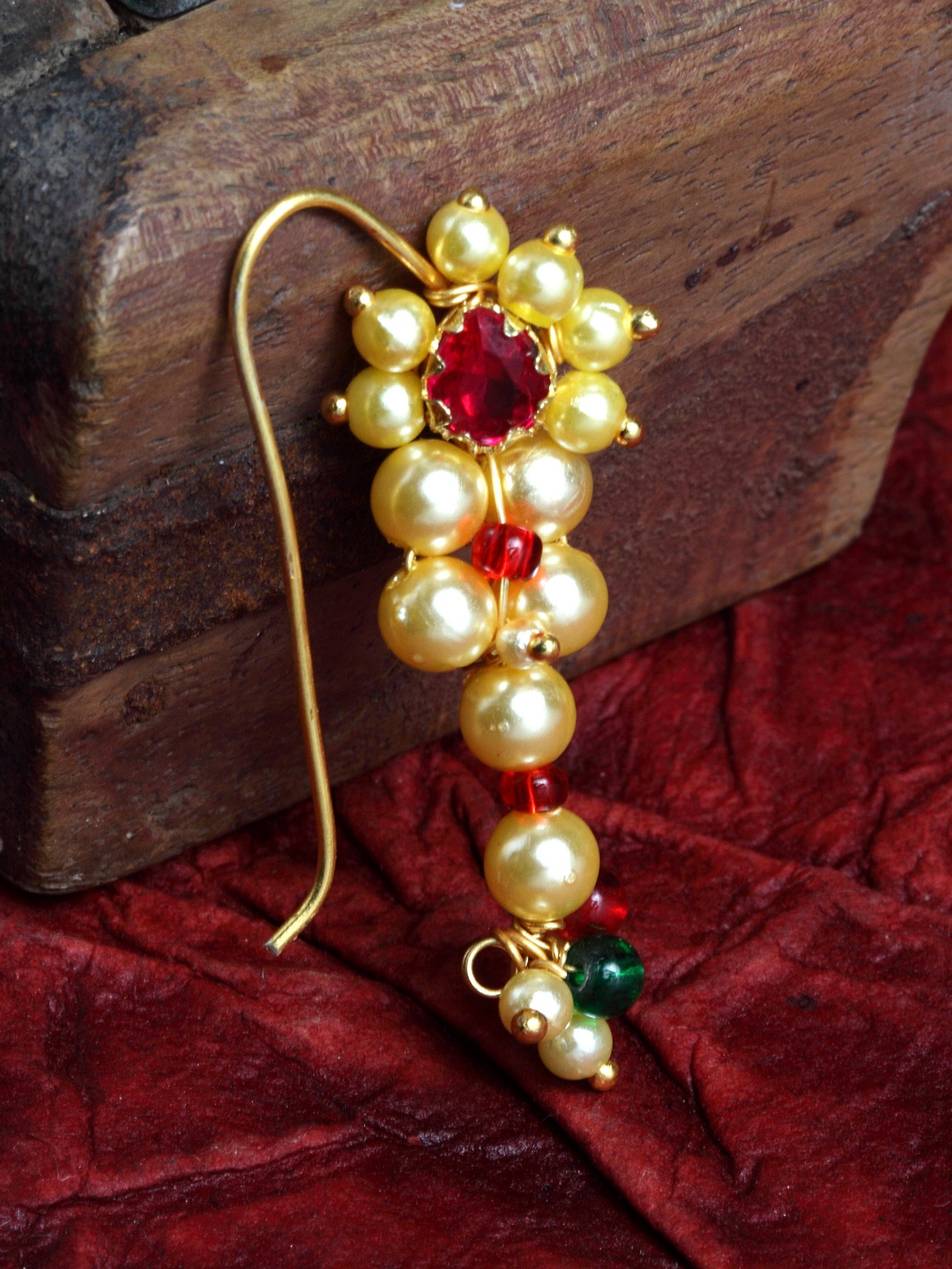 

PANASH Gold-Plated & Red CZ-Studded & Pearl Beaded Nosepin