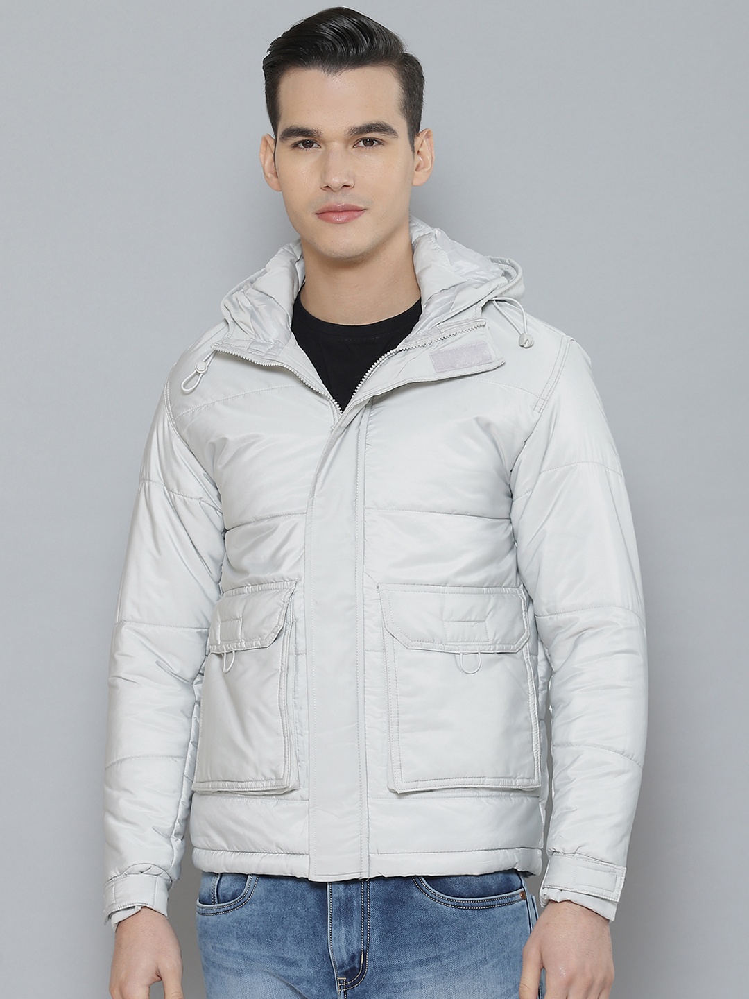 

HIGHLANDER Men Solid Hooded Padded Jacket, Grey