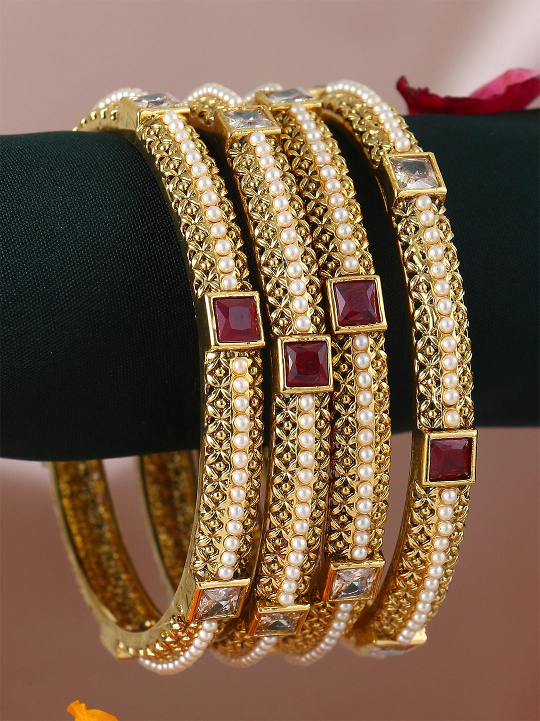 

Adwitiya Collection Set Of 4 24CT Gold-Plated White & Red Stone-Studded Pearl Embellished Handcrafted Bangles