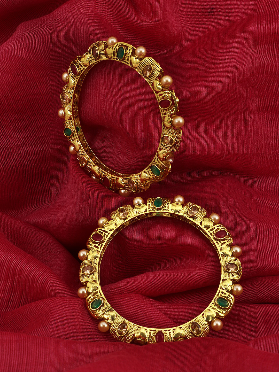 

Adwitiya Collection Set of 2 24 CT Gold-Plated Red & White Stone-Studded & Pear Beaded Handcrafted Bangles