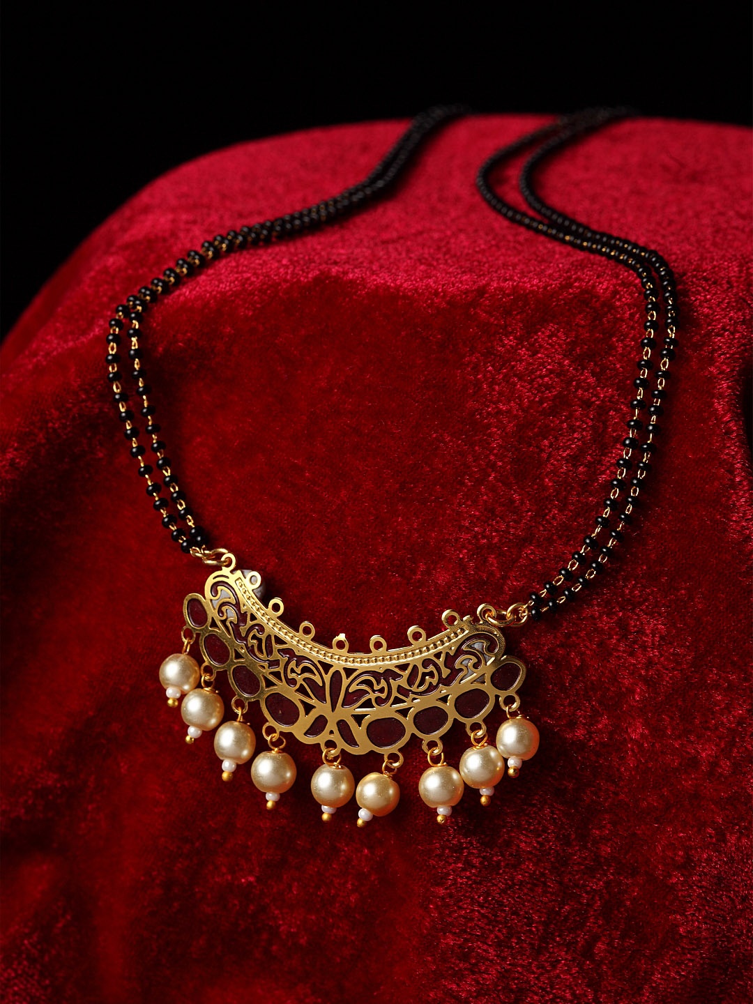 

PANASH Gold-Plated & Black Pearl Beaded Mangalsutra