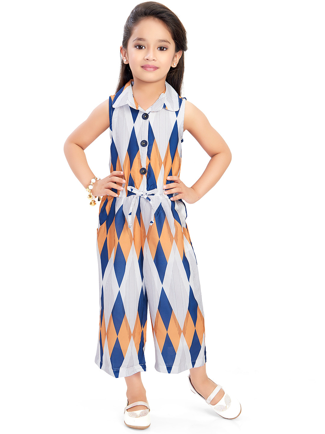 

Doodle Girls White & Peach-Coloured Printed Basic Jumpsuit