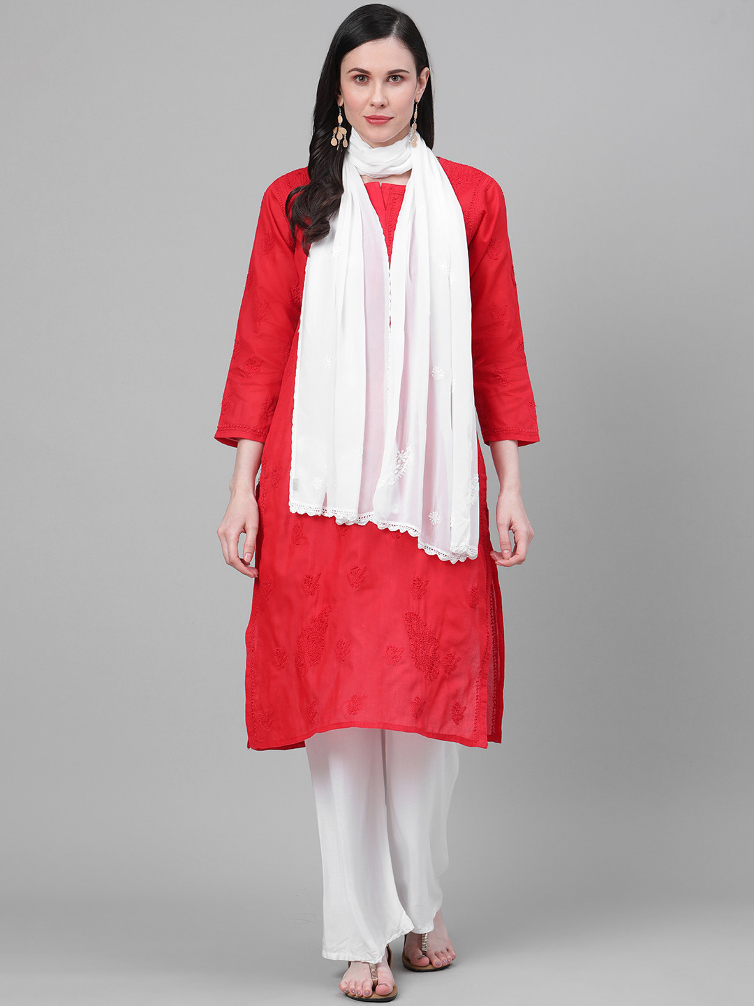

ADA Women White Floral Chikankari Hand Embroidered Handloom Dupatta