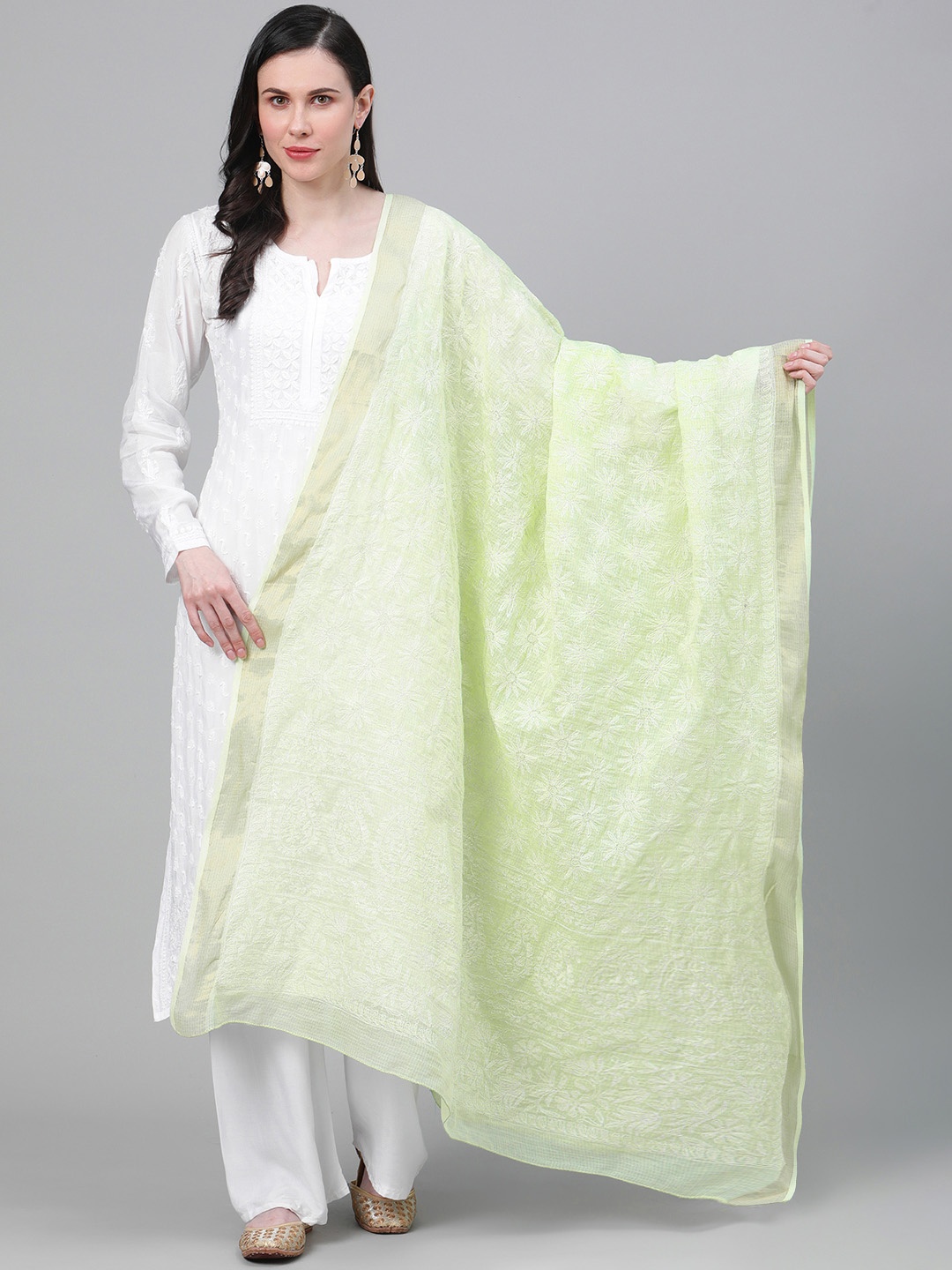 

ADA Women Green & White Floral Chikankari Embroidered Sustainable Kota Dupatta