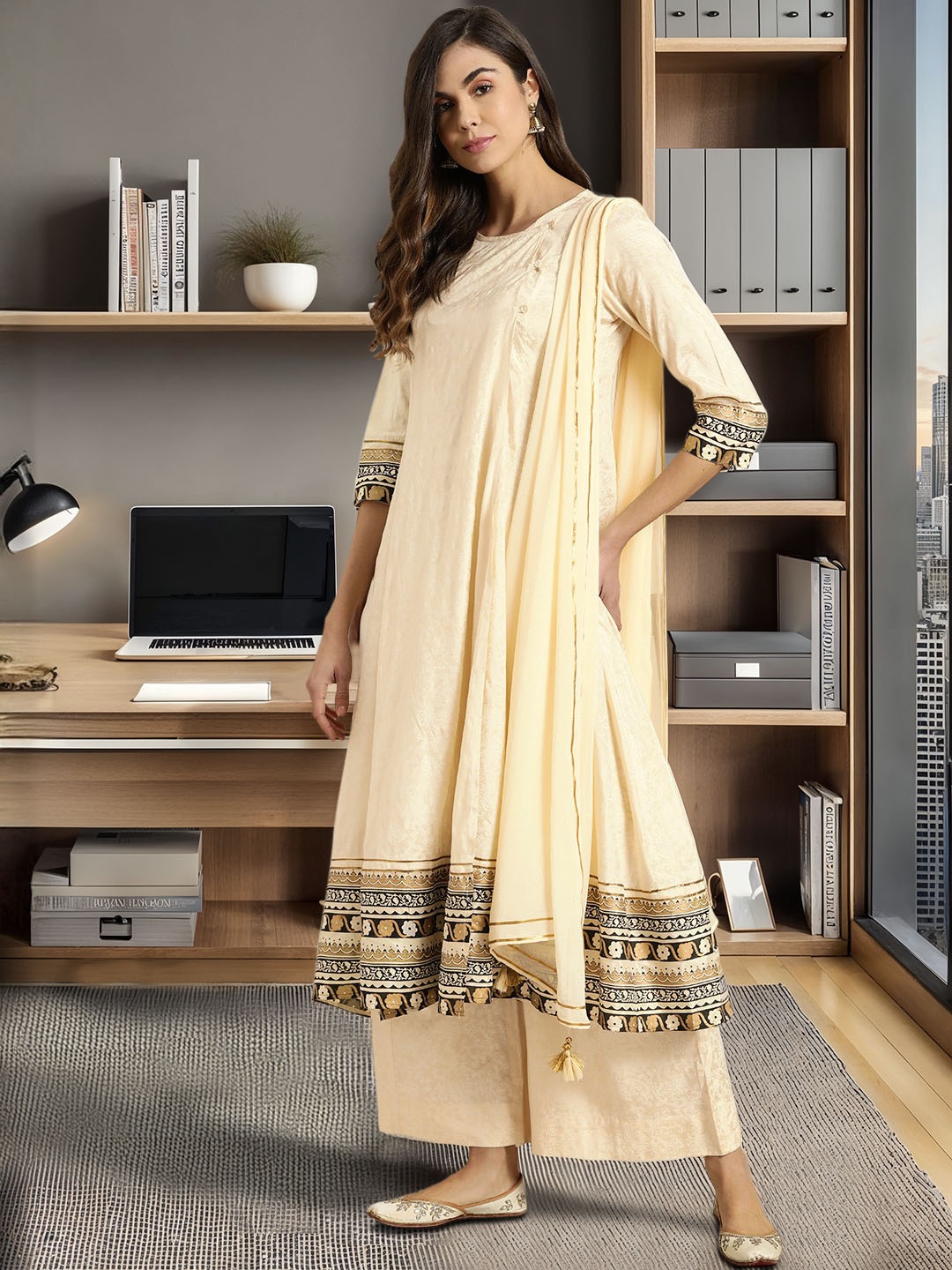 

Sangria Women Cream-Coloured & Off-White Printed Kurta with Palazzos & Dupatta