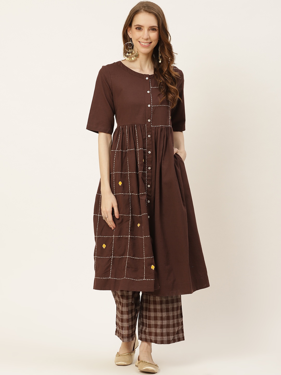 

Sangria Women Coffee Brown Regular Thread Work Pure Cotton Kurta with Palazzos