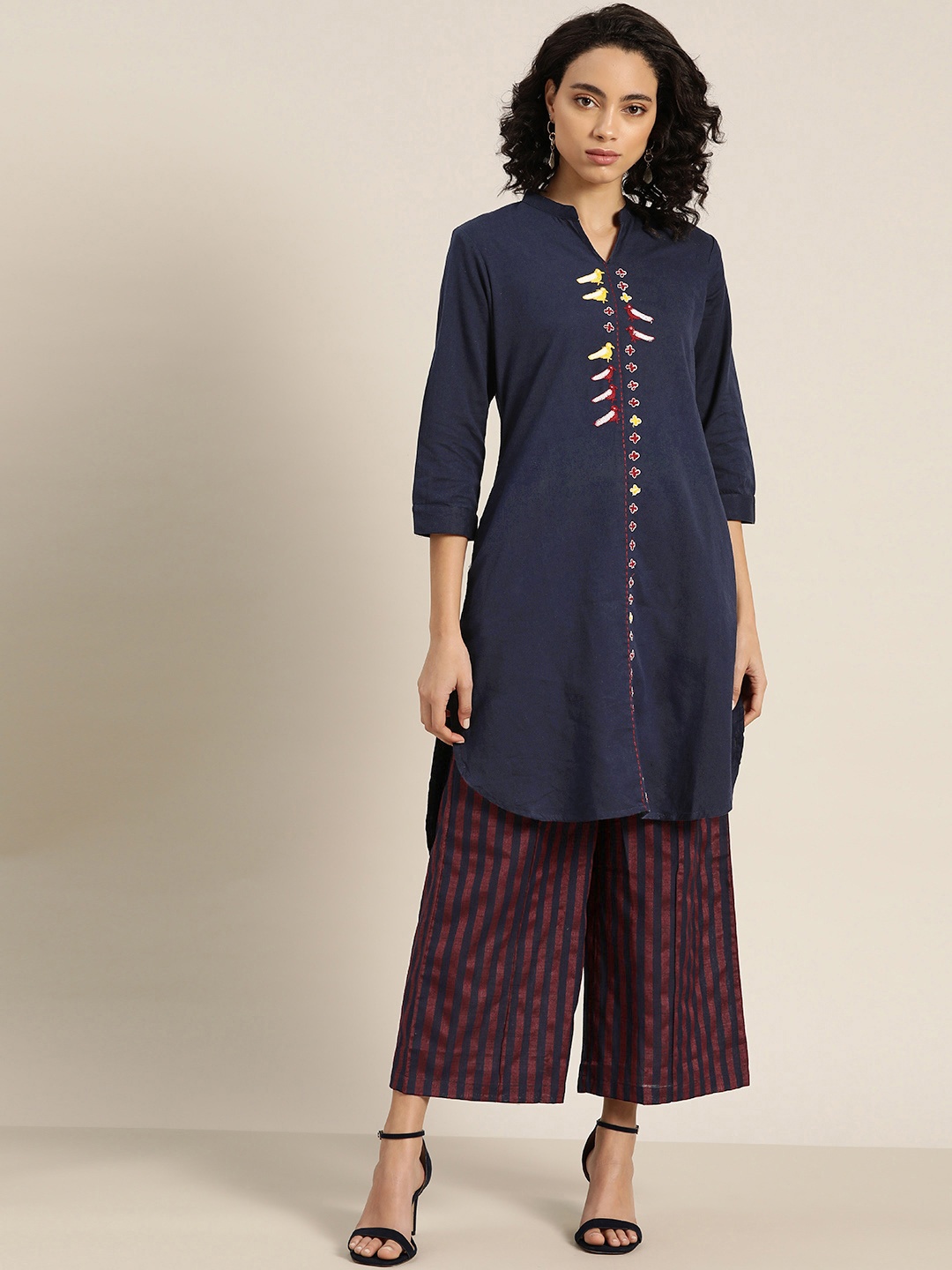 

Sangria Women Navy Blue & Maroon Pure Cotton Embroidered Detail Kurta with Palazzos
