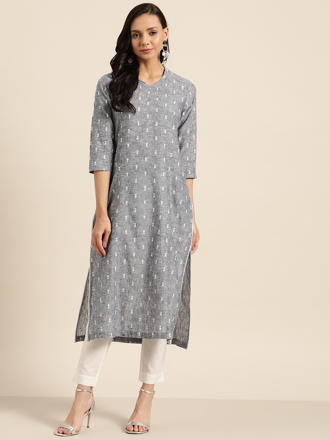 

Sangria Women Grey & White Woven Design Kurta with Trousers